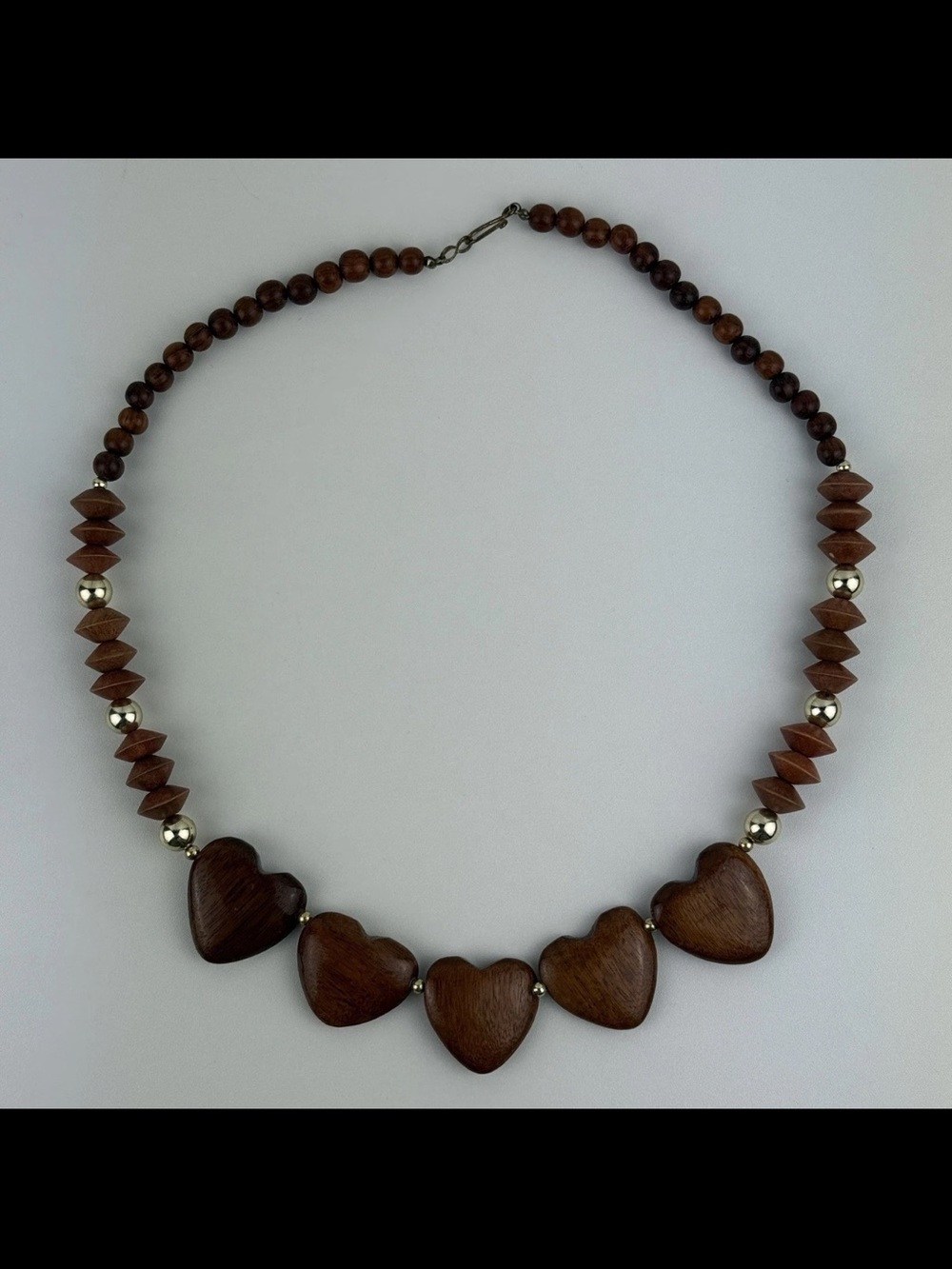 Vintage Gold Tone/Brown Wood Heart Bead Necklace MCM 50s 60s 70s Boho Folk Art!